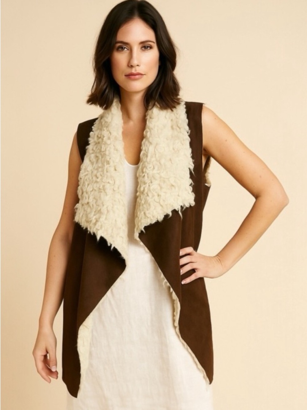 Sherpa Vest Brown Faux Shearling Lined Layering Medium